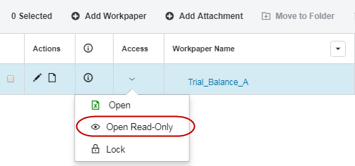 Screen capture showing you can open a workpaper for viewing only--even when it has not been checked out.